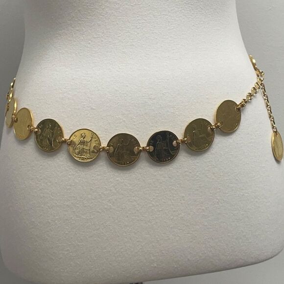 Vintage Queen Elizabeth II One Pense Coin Belt. Chain Coins belt Gold tone UK main image 5
